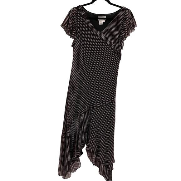 Adrianna Papell Black & Pink Polka Dot Silk Ruffled Hem Knee Length Dress 12 - Picture 1 of 8